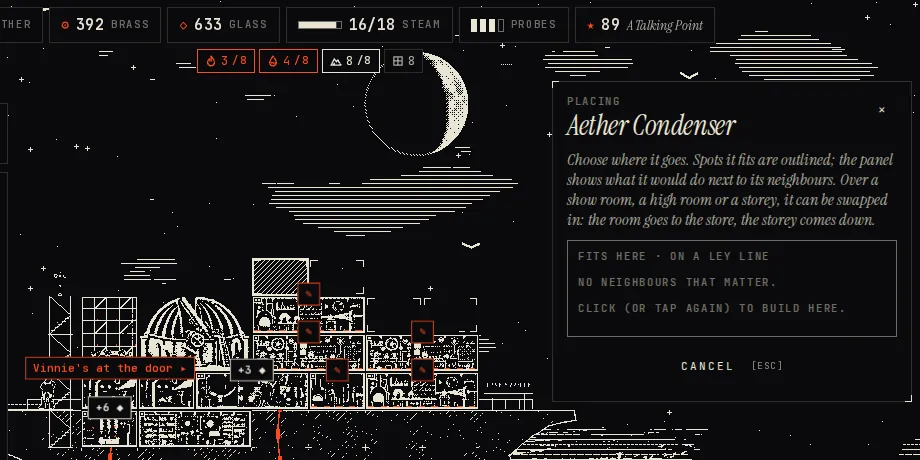 Placing an Aether Condenser: its outline over the top of a column, and the placing panel reading Fits here, on a ley line.