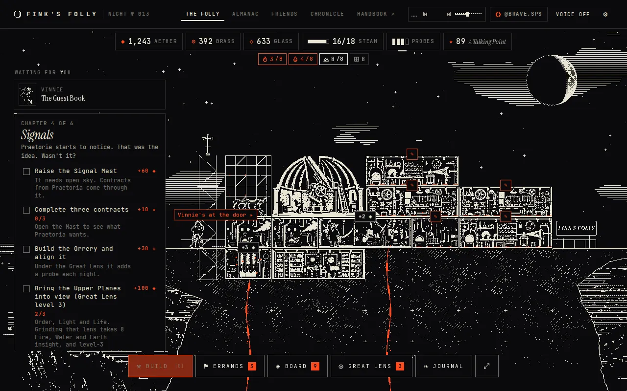 The game screen in the fourth chapter: the crag in the middle, the purse along the top, the Agenda on the left and the dock along the bottom.
